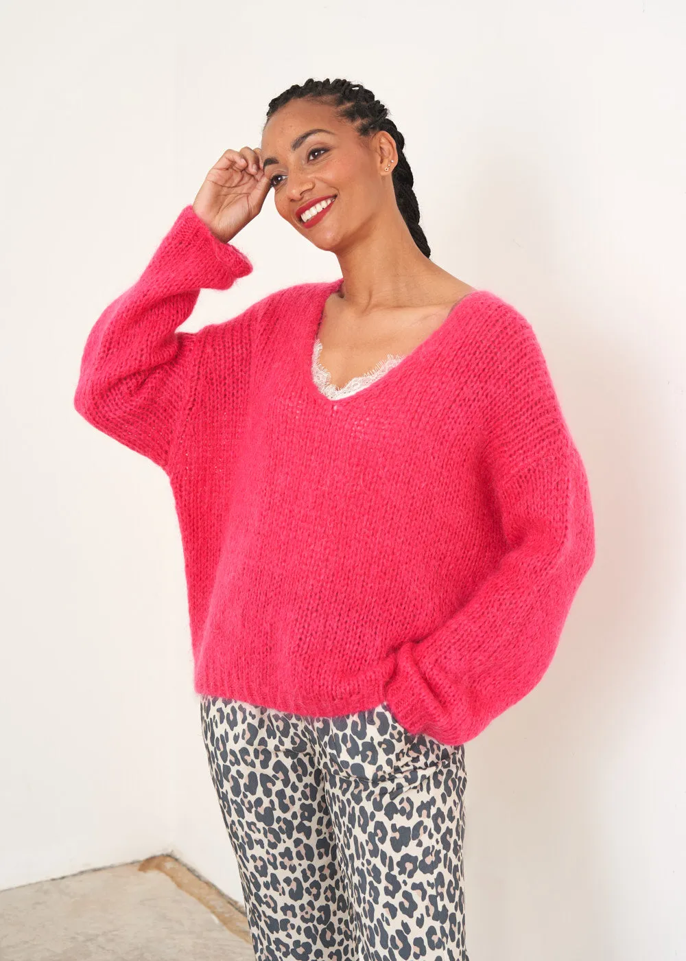 DORA CHUNKY KNIT V-NECK SWEATER - PINK