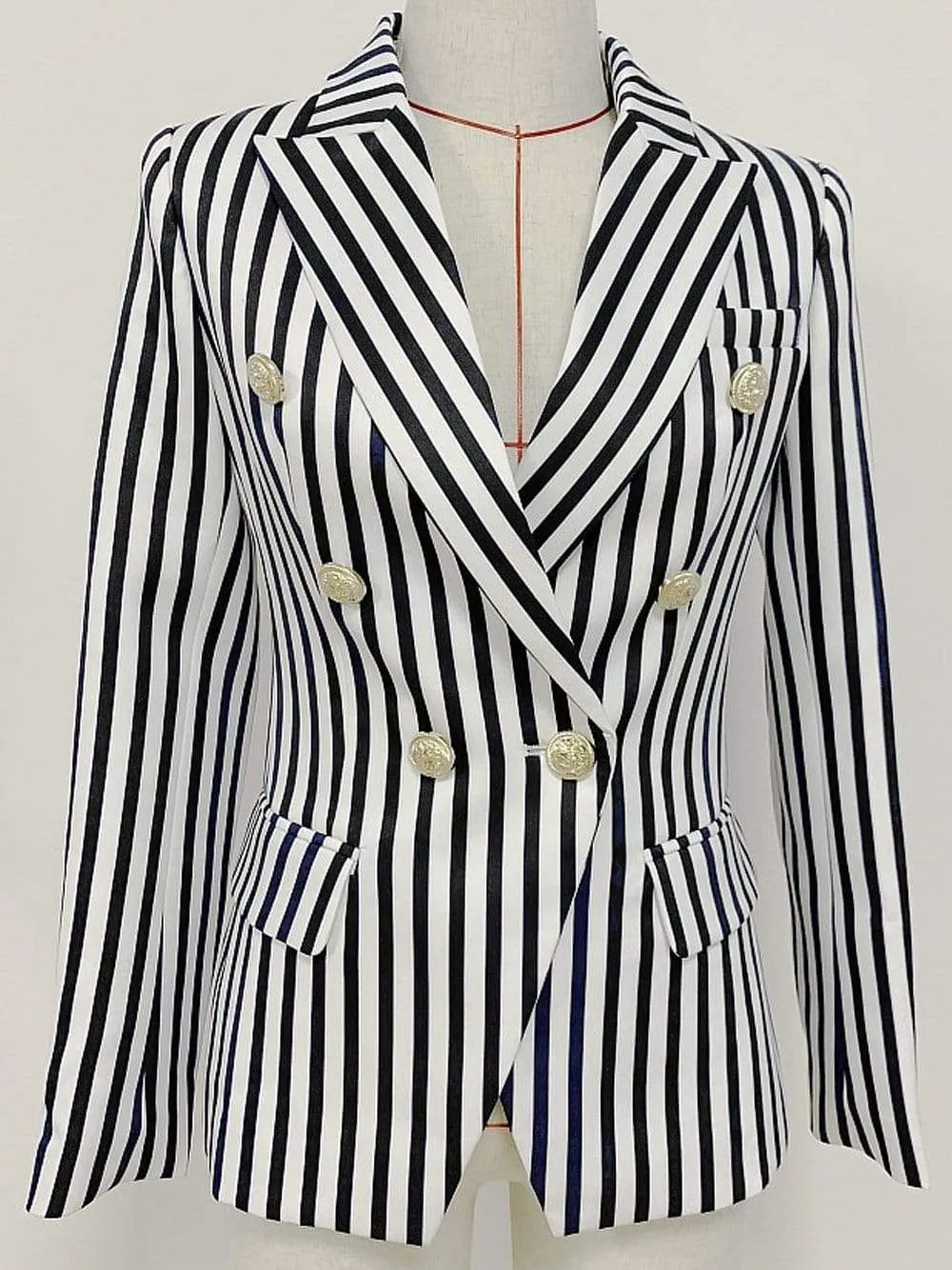 Double-breasted Striped Blazer in White/Black