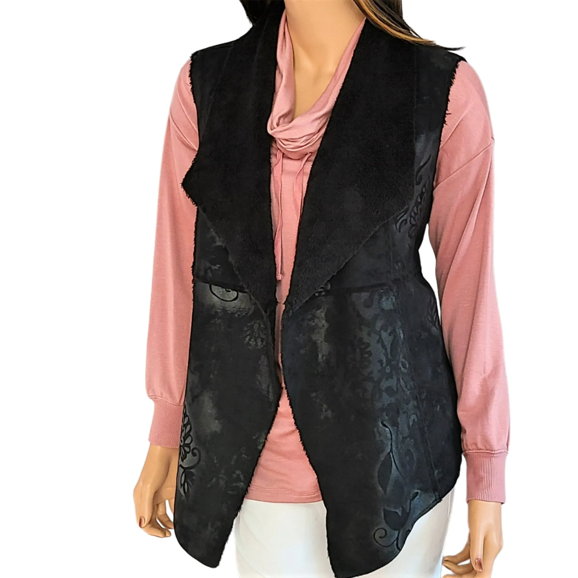 Dylan Women's Floral Print Vintage Look Faux Suede Fur Boho Vest