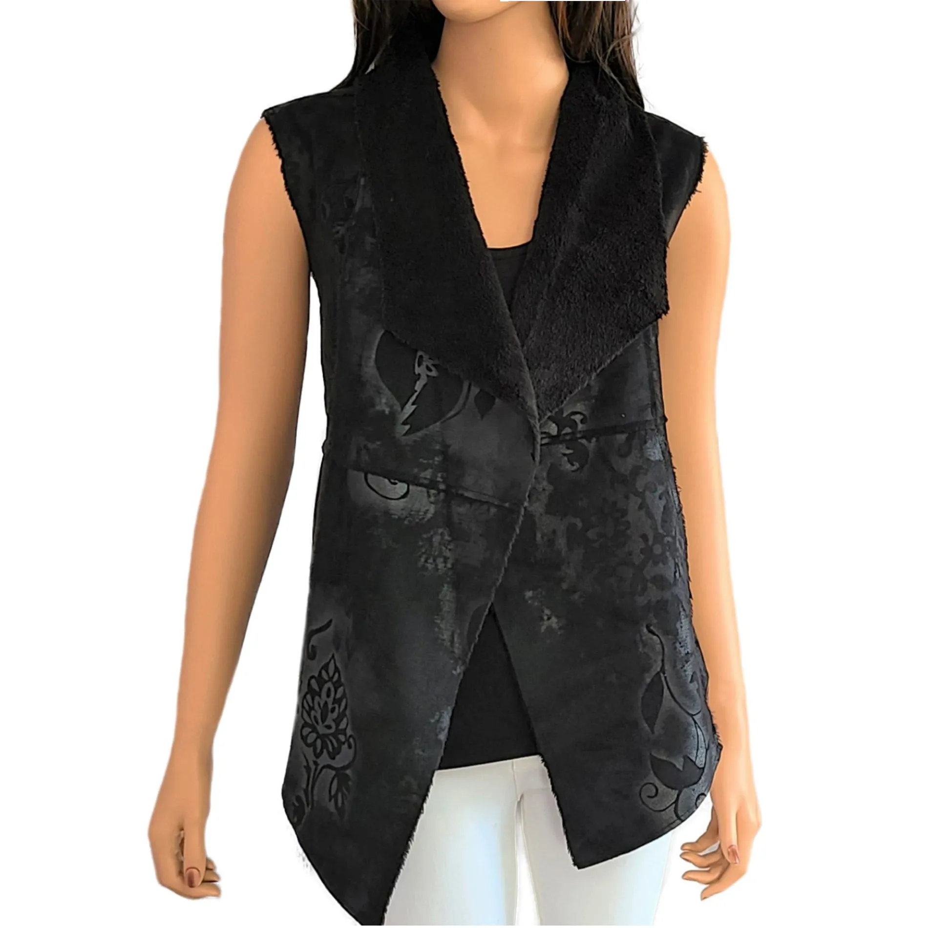 Dylan Women's Floral Print Vintage Look Faux Suede Fur Boho Vest