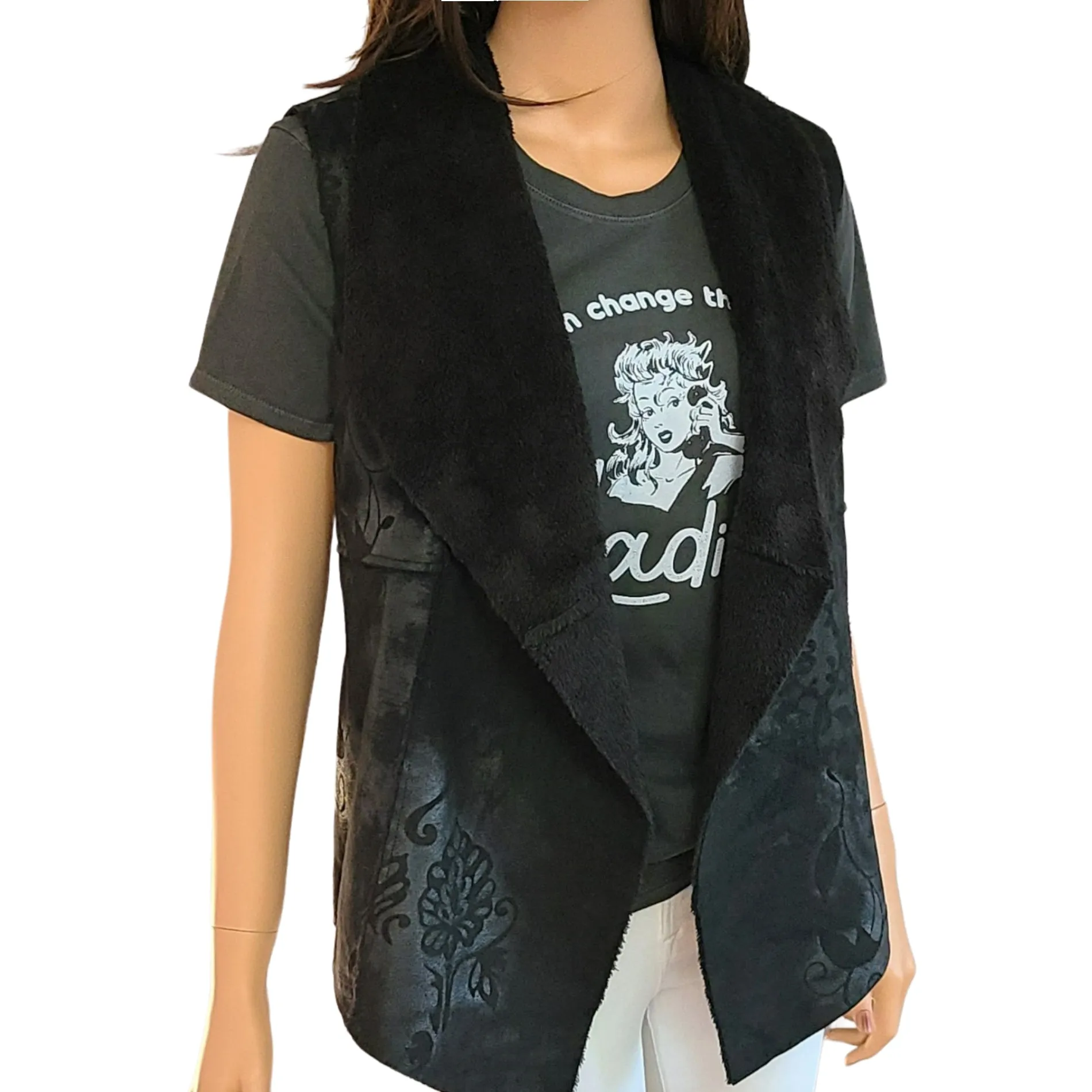 Dylan Women's Floral Print Vintage Look Faux Suede Fur Boho Vest