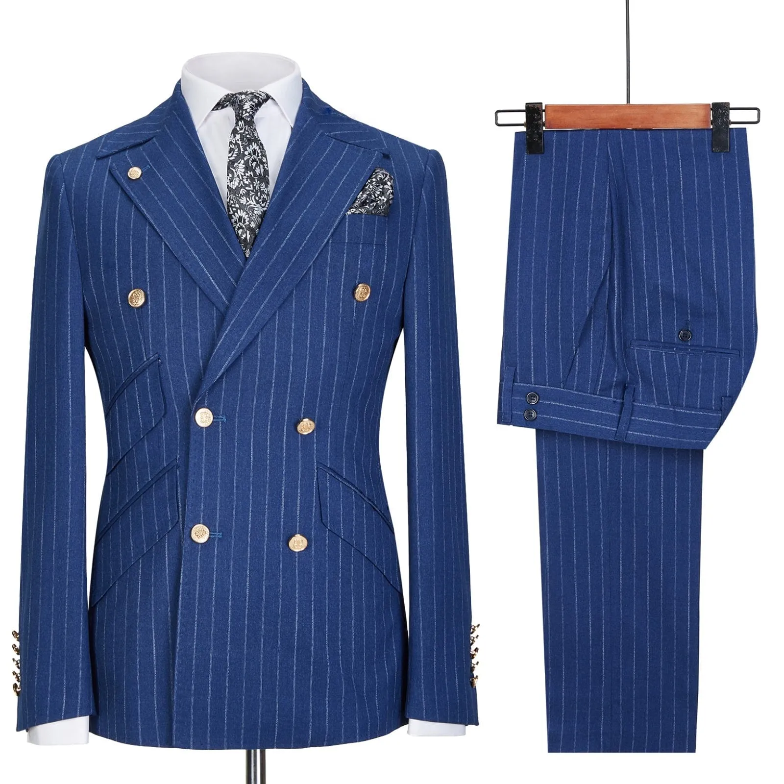 Formal Bussiness Striped 2 Pieces Mens Peak Lapel Suit Tuxedos (Blazer Pants)