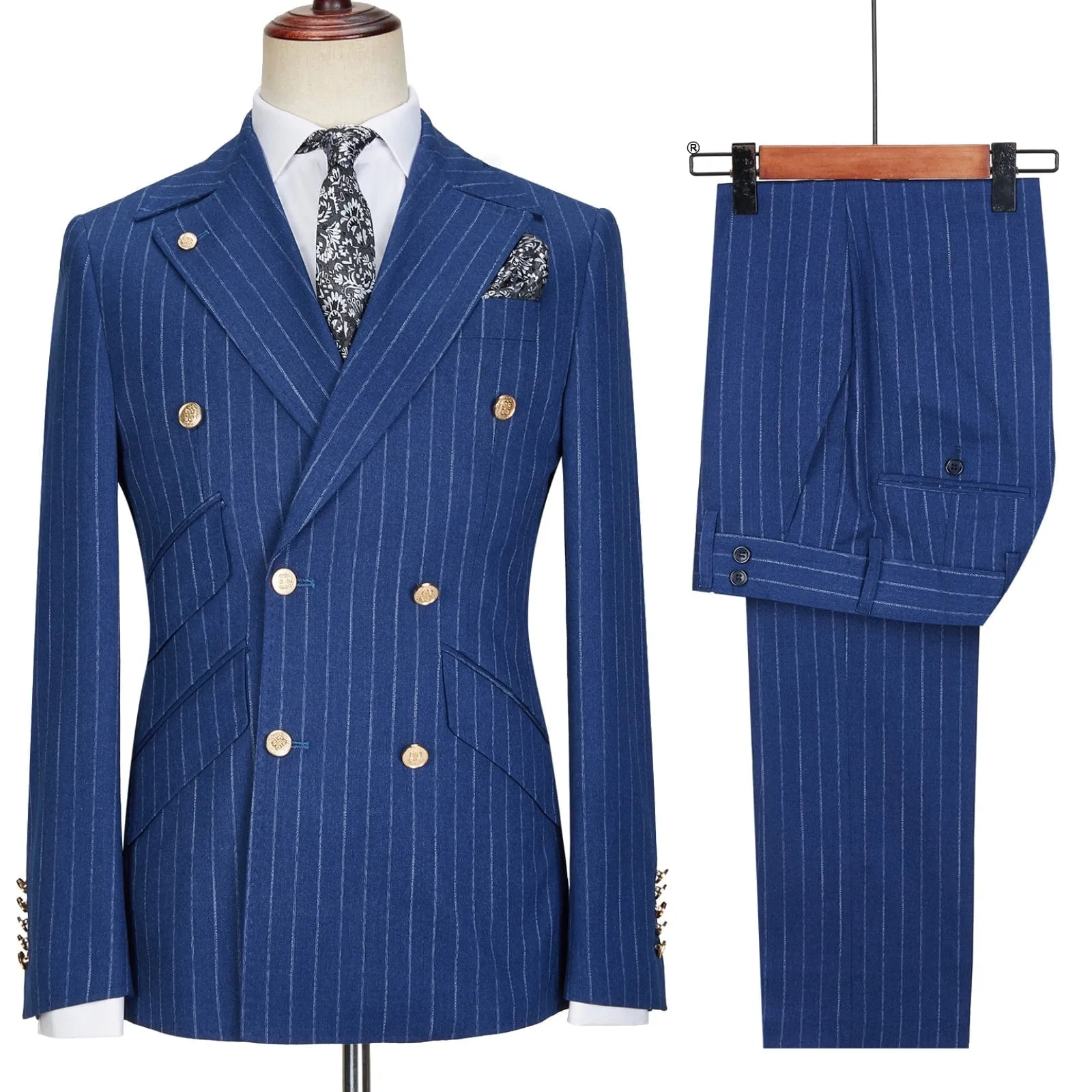 Formal Bussiness Striped 2 Pieces Mens Peak Lapel Suit Tuxedos (Blazer Pants)