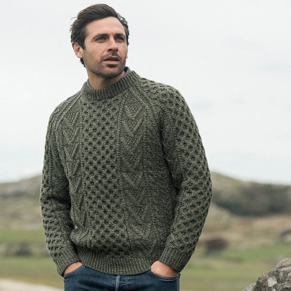 Green Unisex Hand Knit Crew Neck Aran Sweater