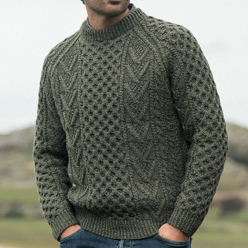 Green Unisex Hand Knit Crew Neck Aran Sweater