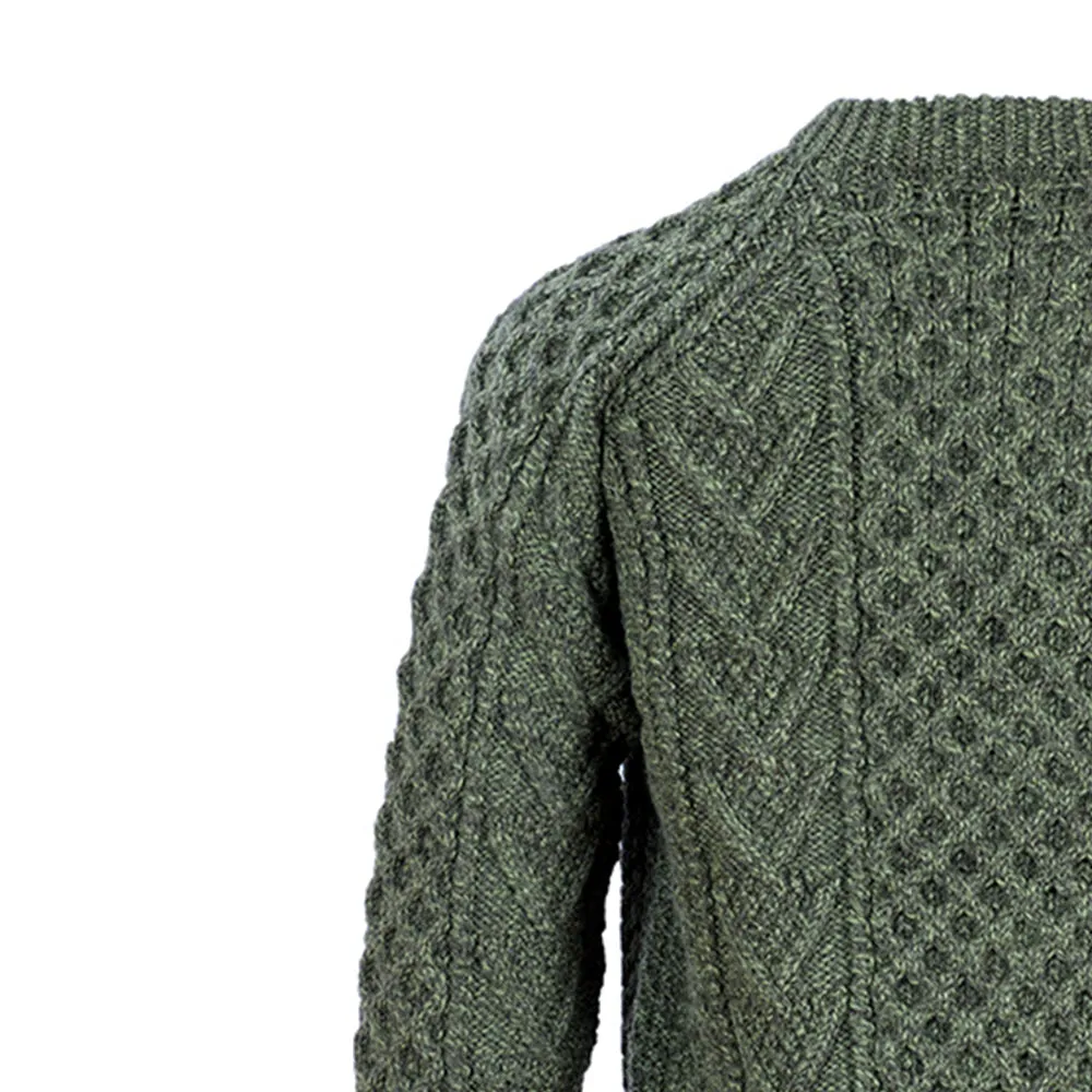 Green Unisex Hand Knit Crew Neck Aran Sweater