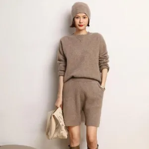 High-Quality Fashion Suit: 100% Cashmere Knitted Sweater & Short Pants Set