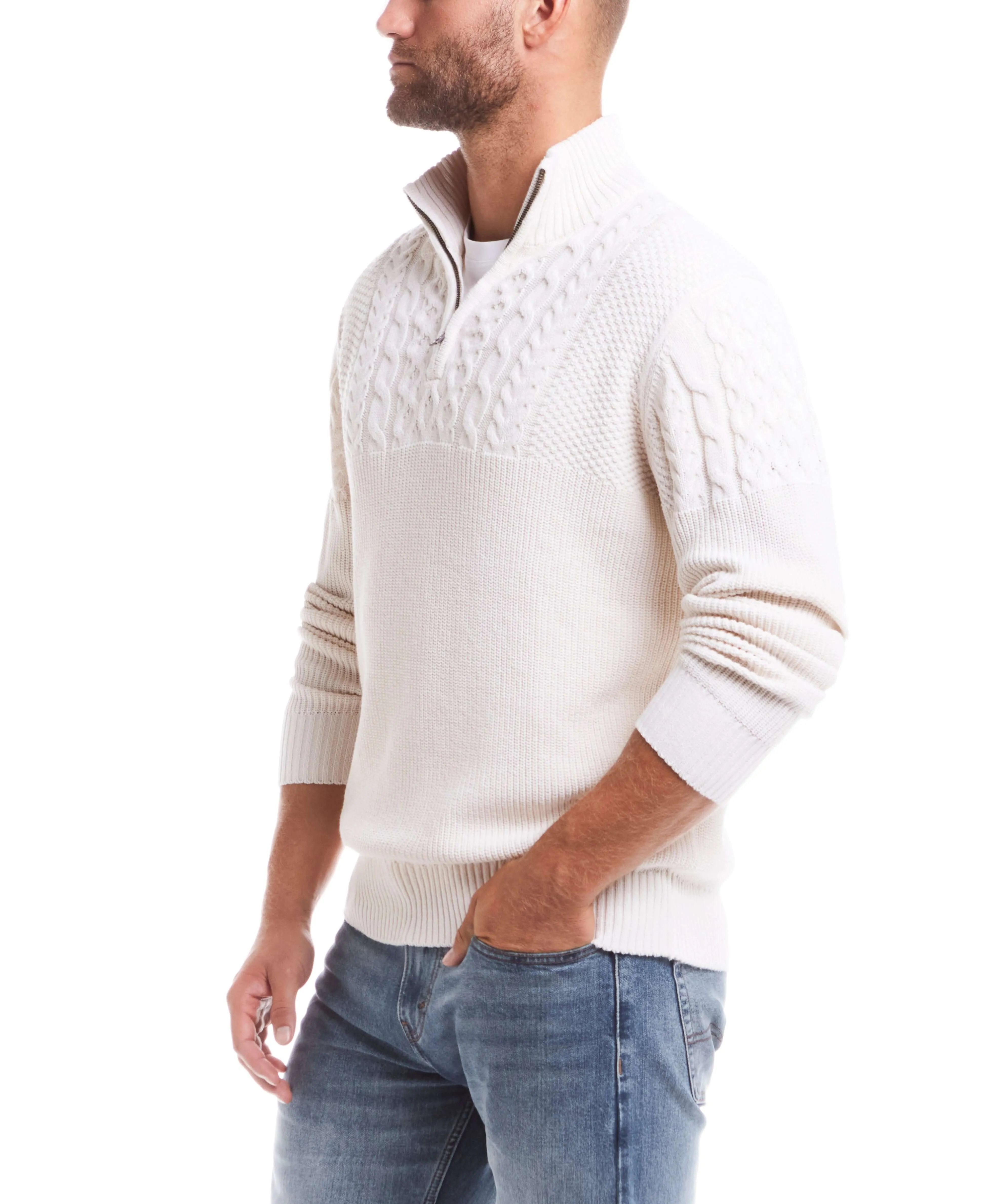 Holiday Cable Yoke Quarter Zip Sweater in Ecru