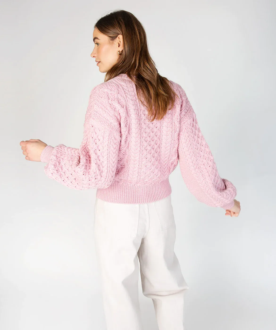 Irelands Eye Clover Cropped Aran Cardigan Pink