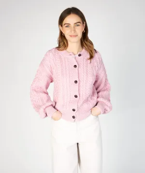 Irelands Eye Clover Cropped Aran Cardigan Pink