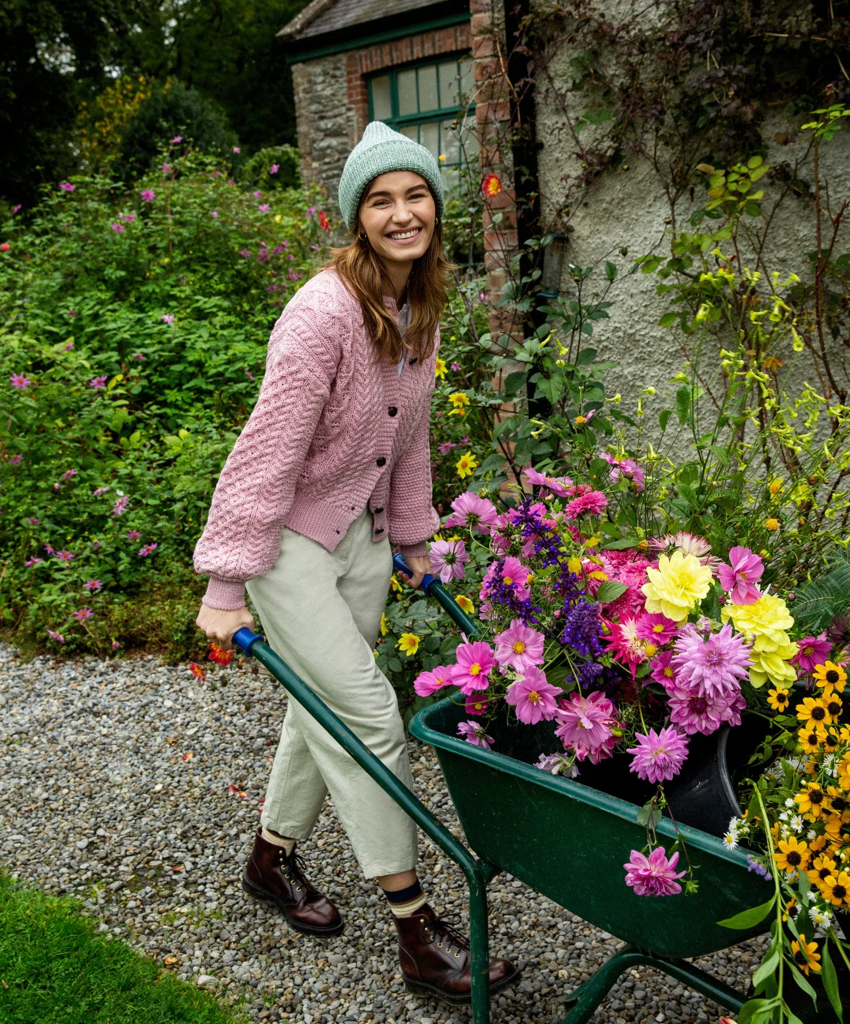 Irelands Eye Clover Cropped Aran Cardigan Pink