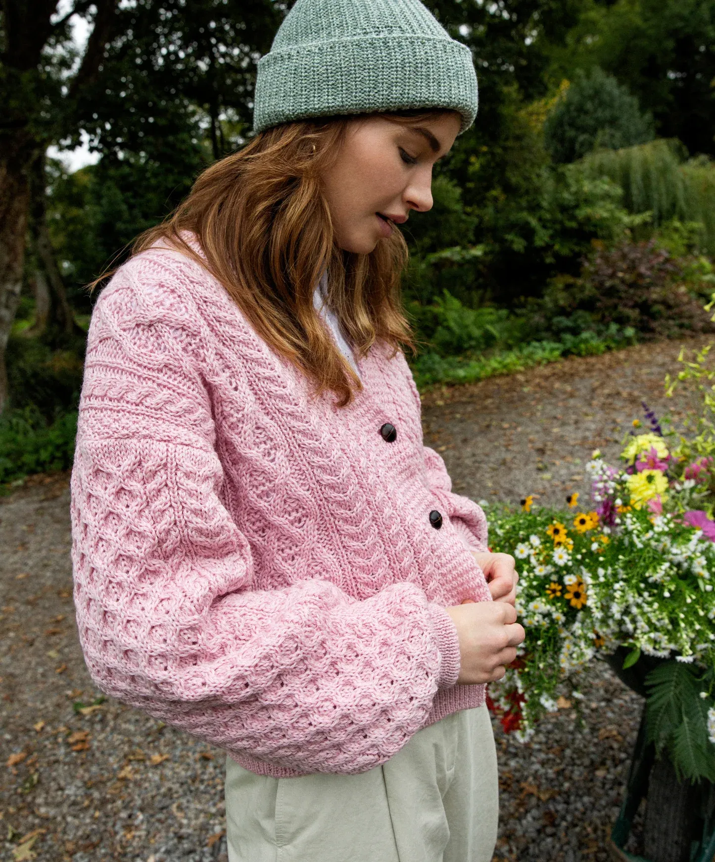 Irelands Eye Clover Cropped Aran Cardigan Pink