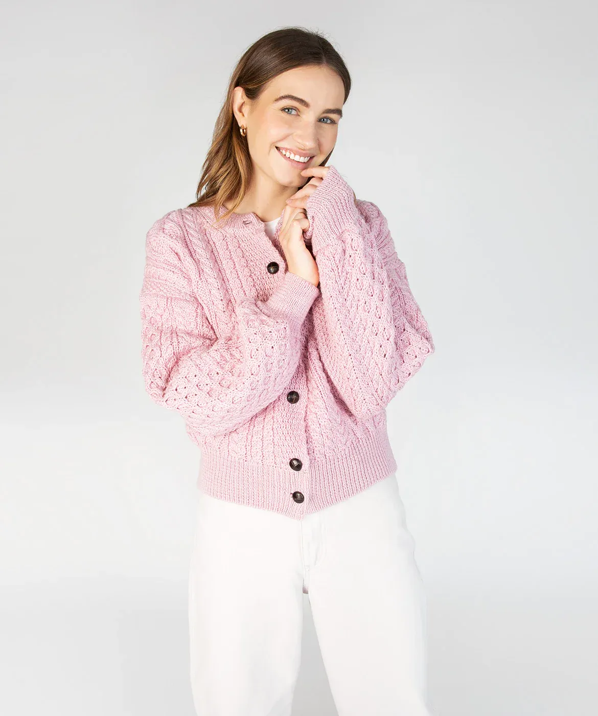 Irelands Eye Clover Cropped Aran Cardigan Pink