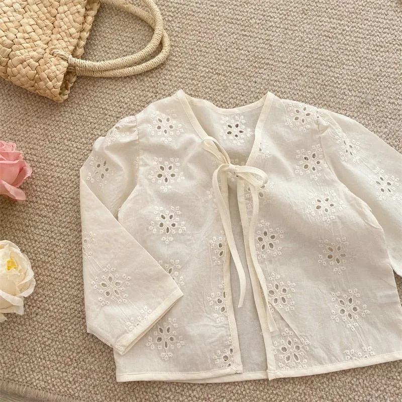 Ivory Lace-Up Embroidered Cardigan with Long Sleeves