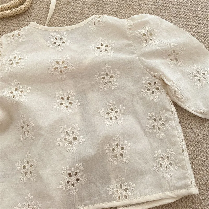 Ivory Lace-Up Embroidered Cardigan with Long Sleeves