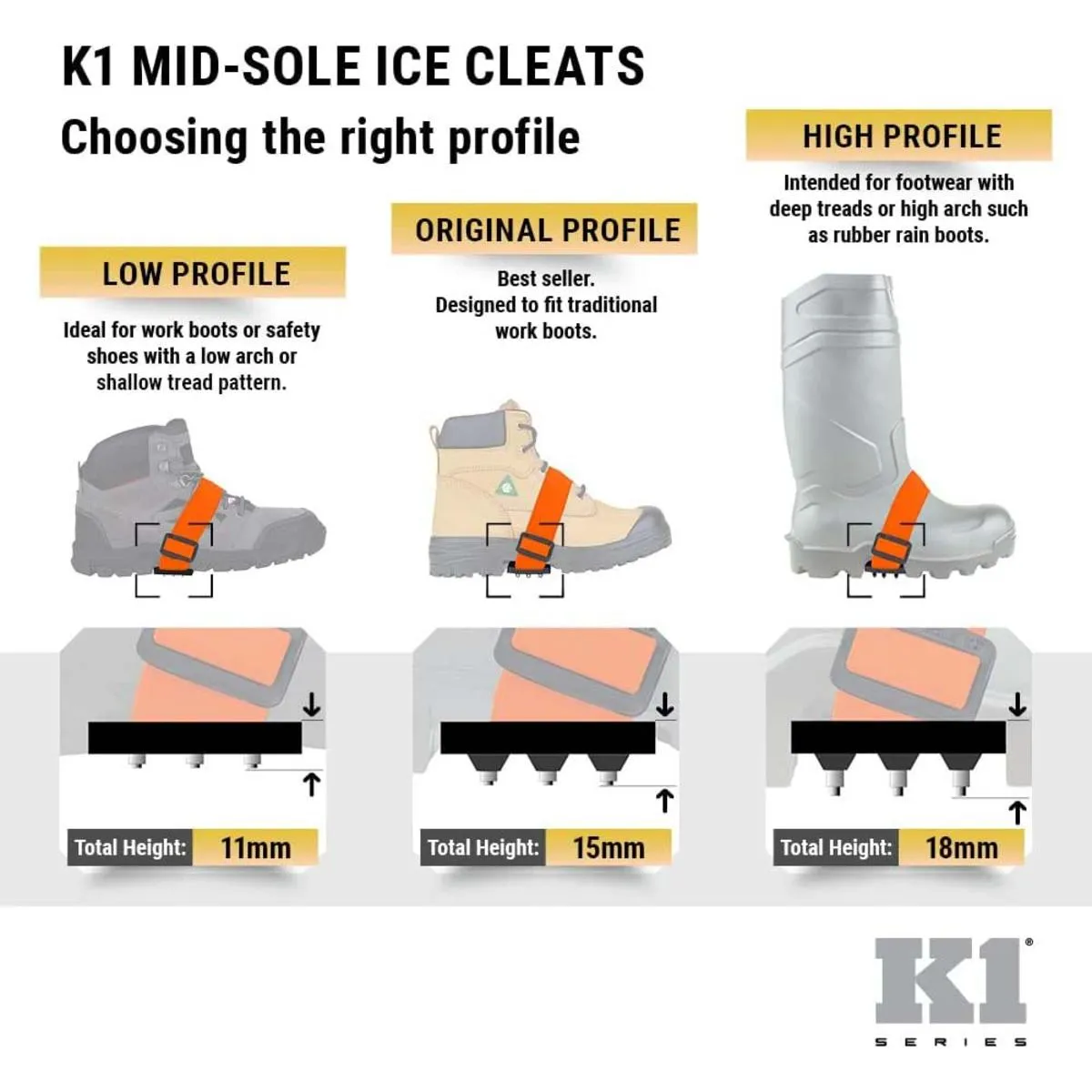 K1 Ice Cleats Original Mid-Sole Ice Cleats Low-Profile Intrinsic - Hi-Vis