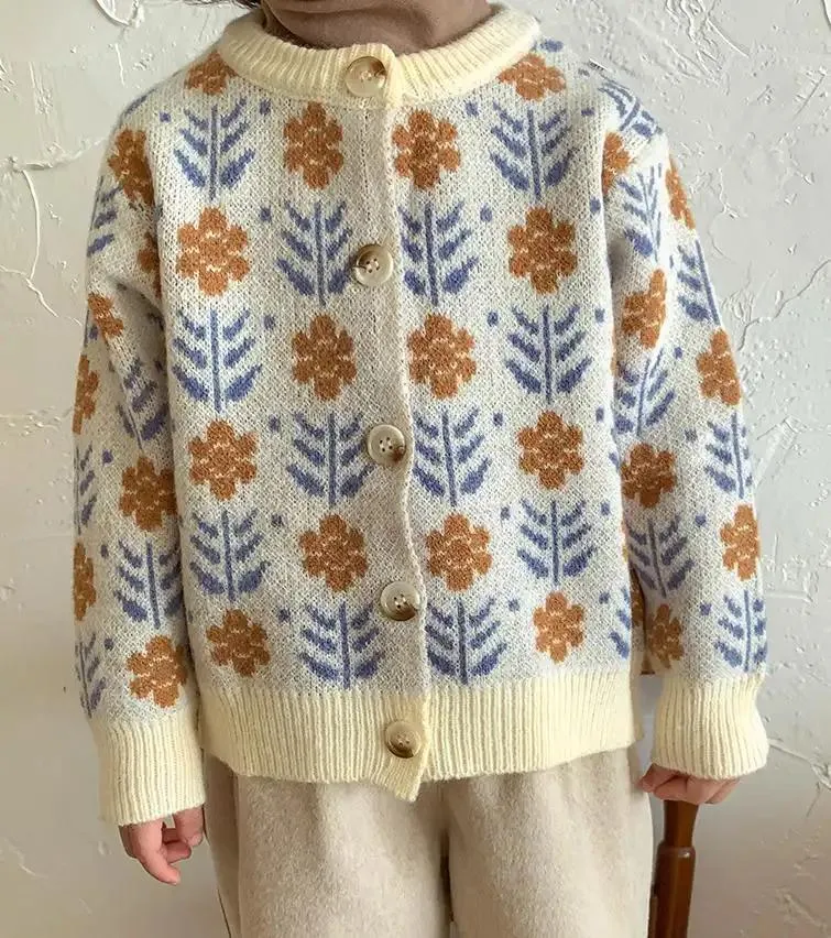 Knit Floral Round Neck Cardigan