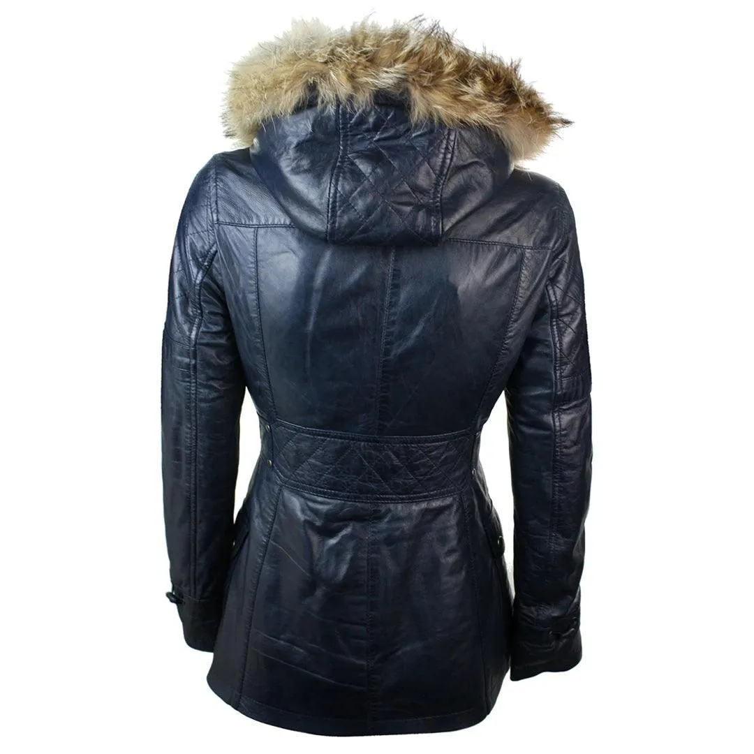 Ladies Real Leather Black Trench Mid Length Hooded Winter Retro Duffle Jacket