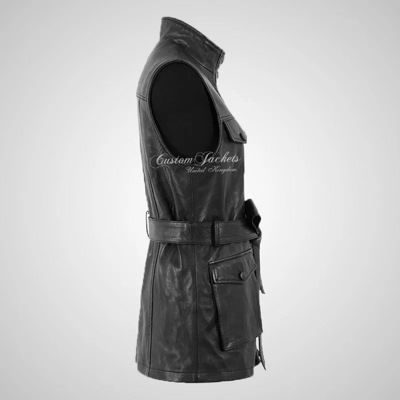 LUNA Ladies Leather Gilet Black Tie Belt Leather Vest Waistcoat