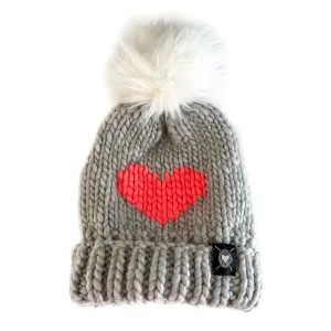 Luxury Big Heart Pom-Pom Beanie in Silver   Neon Orange