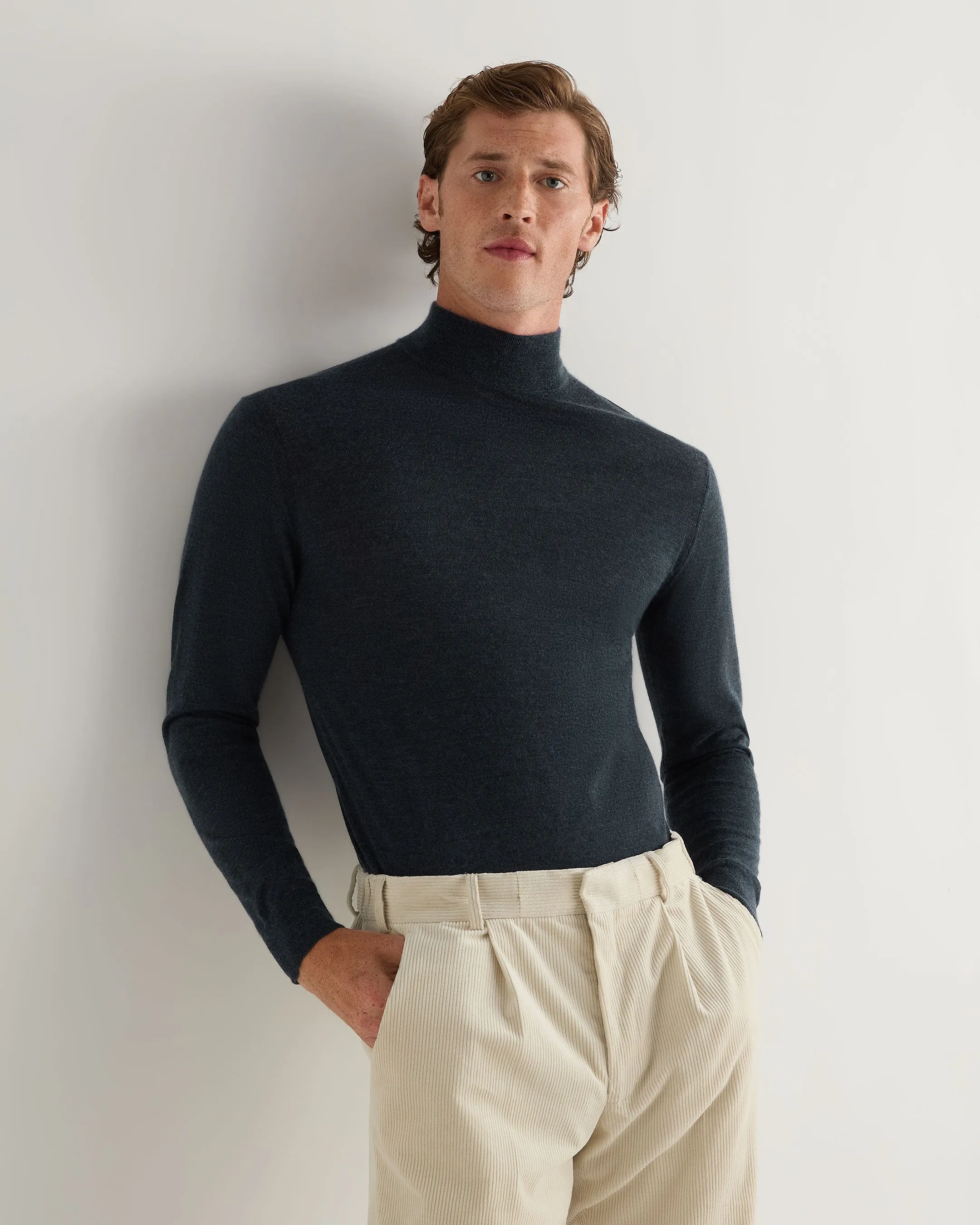 Men's Fine Gauge Cashmere Turtle Neck Jumper Azurine Blue