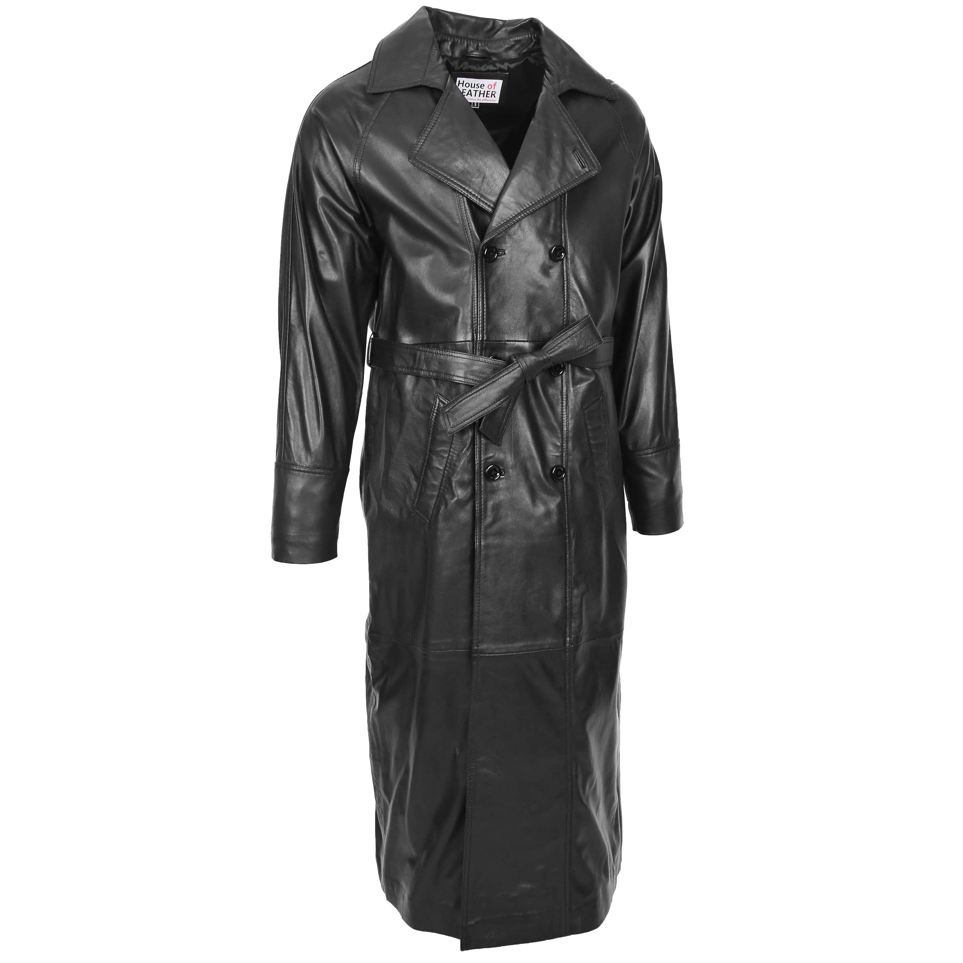 Mens Full Length Double Breasted Leather Coat Pete Black