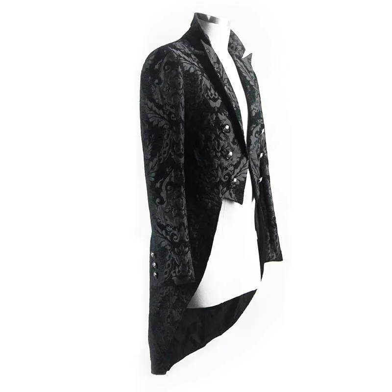 Men's Goth Jacquard Double-breasted Black Dovetail Overcoat