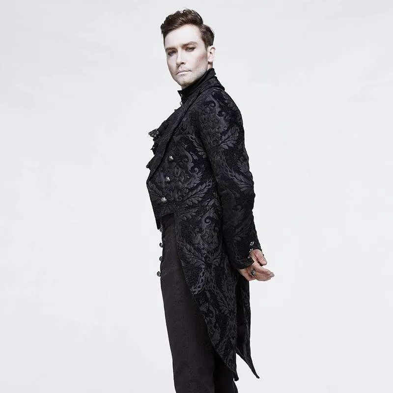 Men's Goth Jacquard Double-breasted Black Dovetail Overcoat