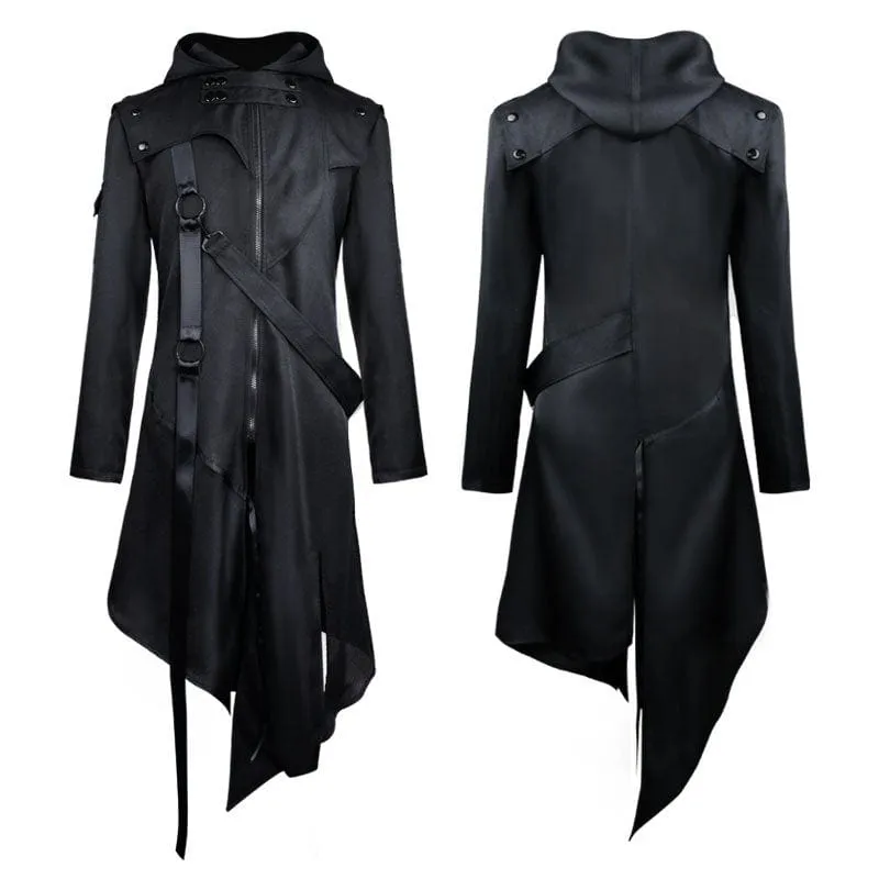 Men's Gothic Irregular Buckles Long Coat with Hood