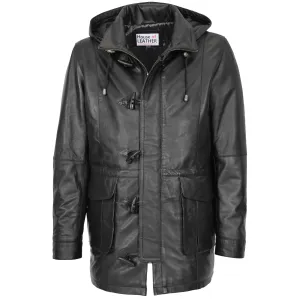 Mens Leather Duffle Coat with Hoodie Jack Black