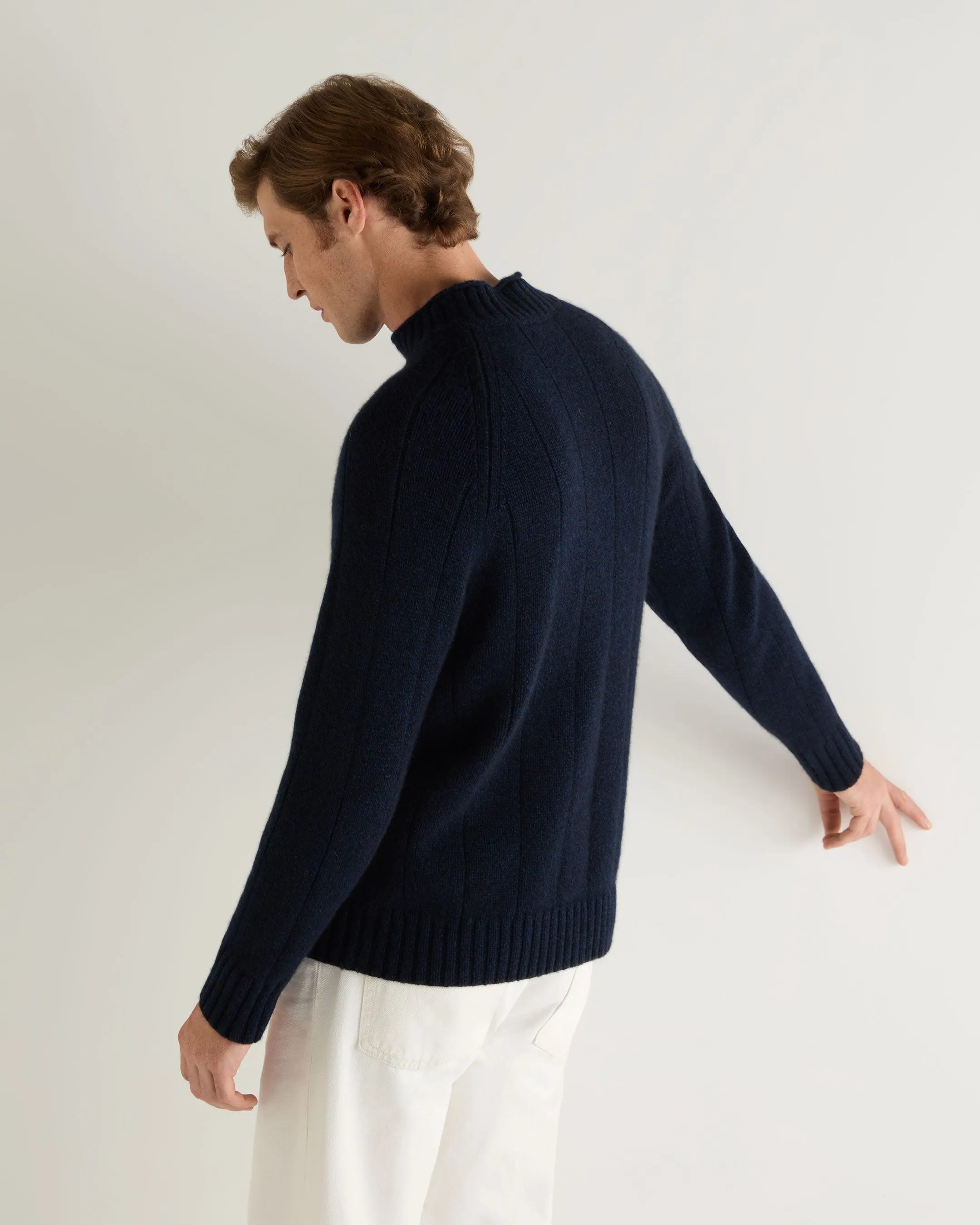 Men's Spitalfields Rib Funnel Neck Cashmere Sweater Navy Blue Melange