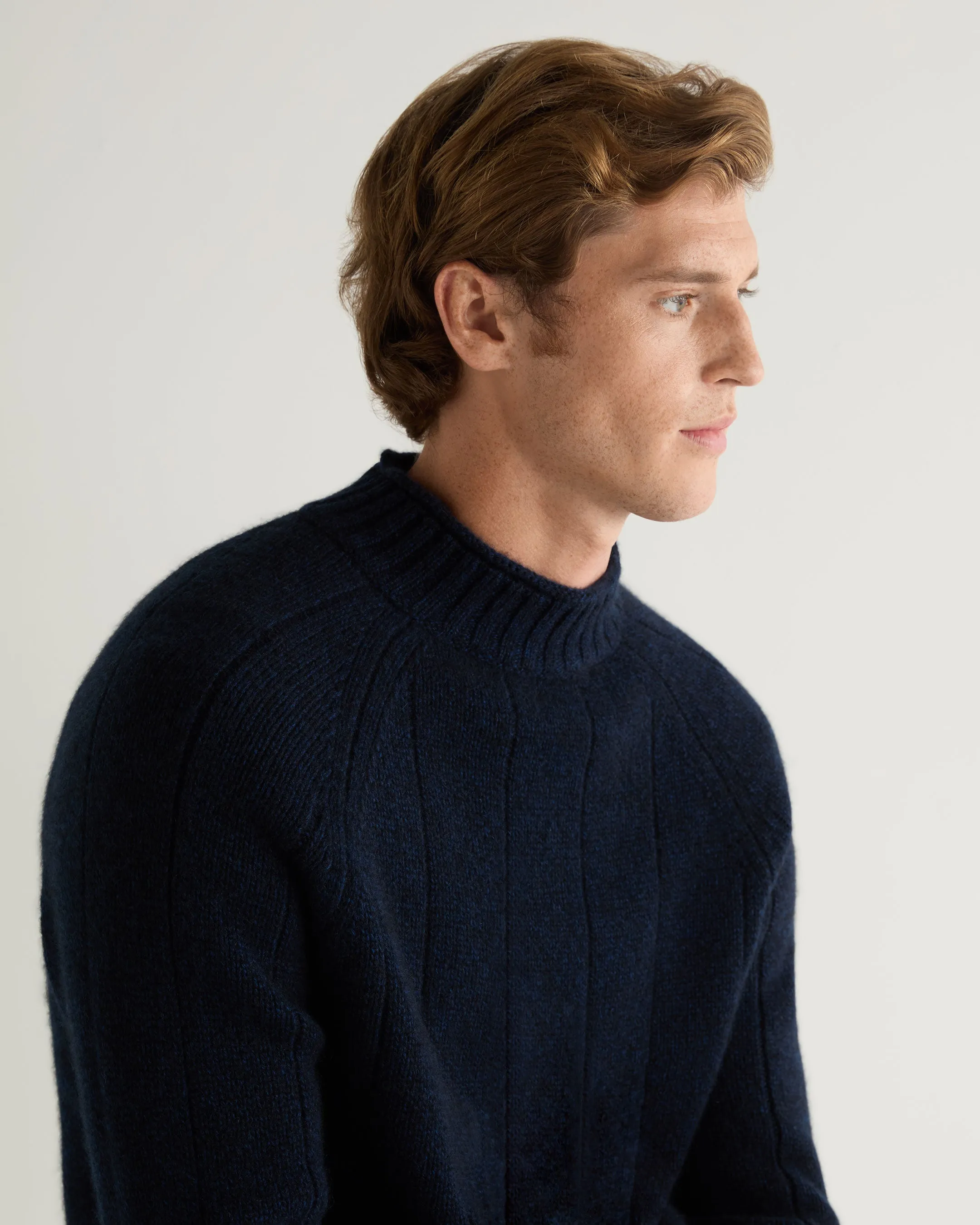 Men's Spitalfields Rib Funnel Neck Cashmere Sweater Navy Blue Melange