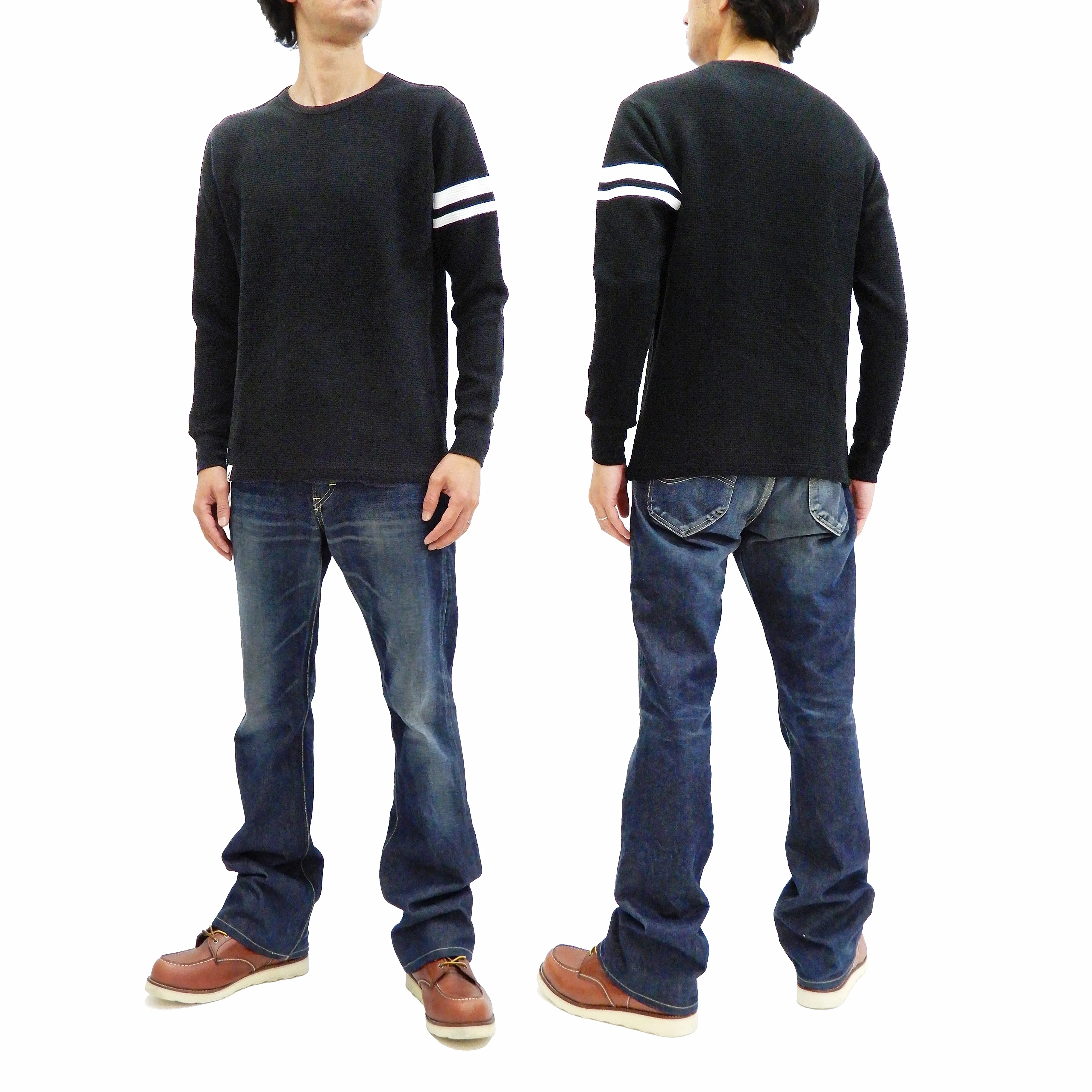 Momotaro Jeans Waffle Shirt Men's Long Sleeve Waffle-Knit Thermal T-Shirt with Stripe MZTS0079 Black