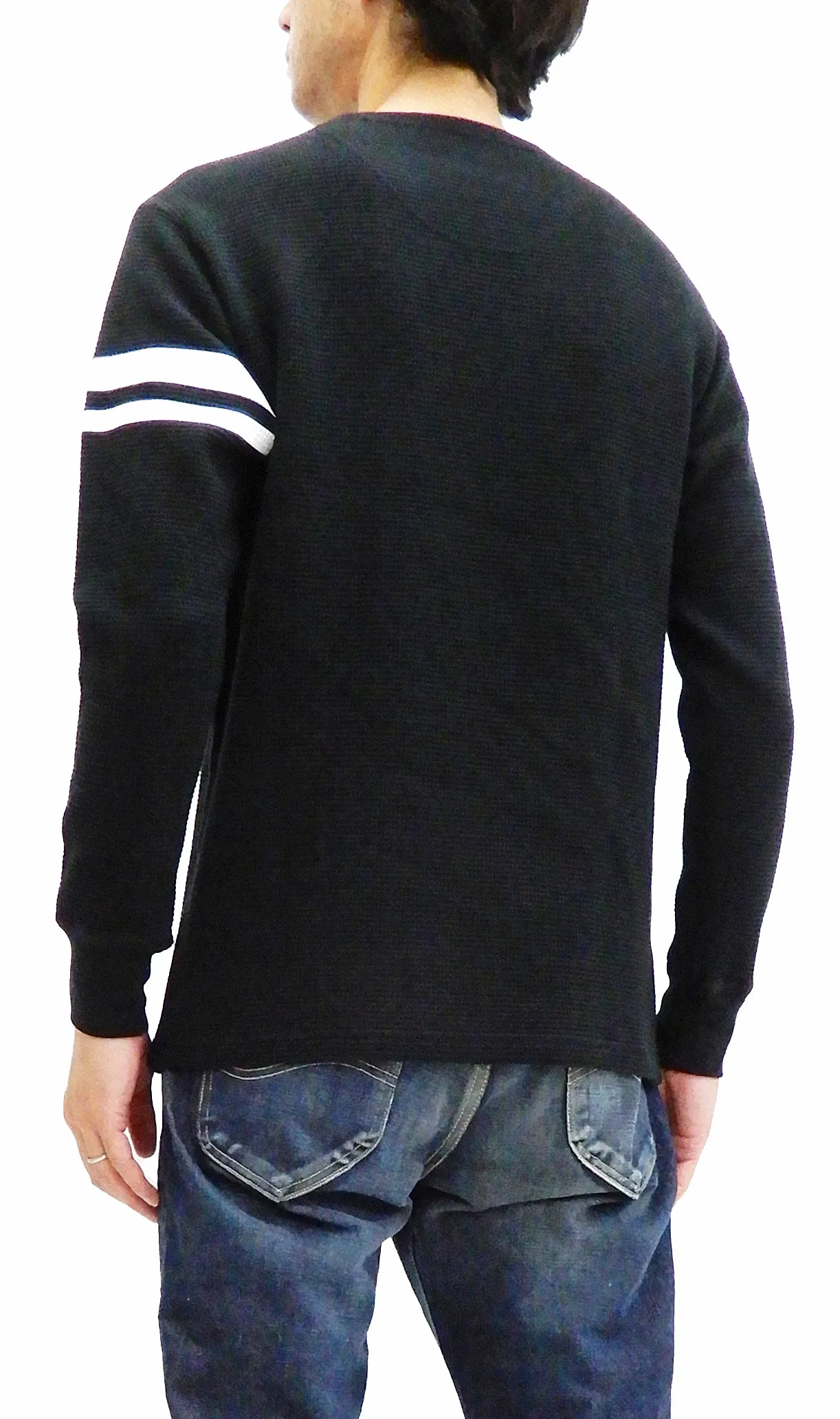 Momotaro Jeans Waffle Shirt Men's Long Sleeve Waffle-Knit Thermal T-Shirt with Stripe MZTS0079 Black