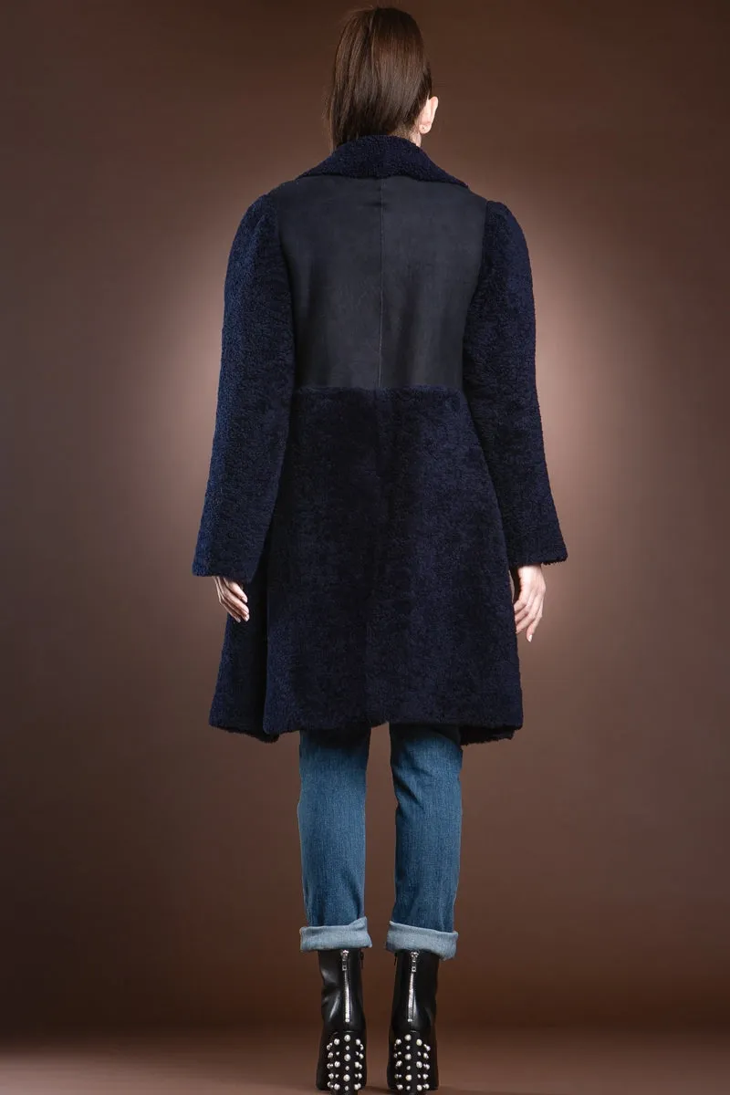 Navy Blue Double Faced Mid-Length Shearling Coat