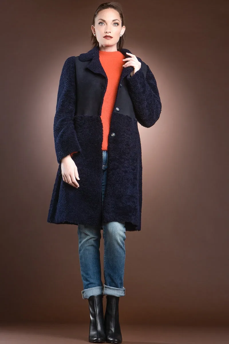 Navy Blue Double Faced Mid-Length Shearling Coat