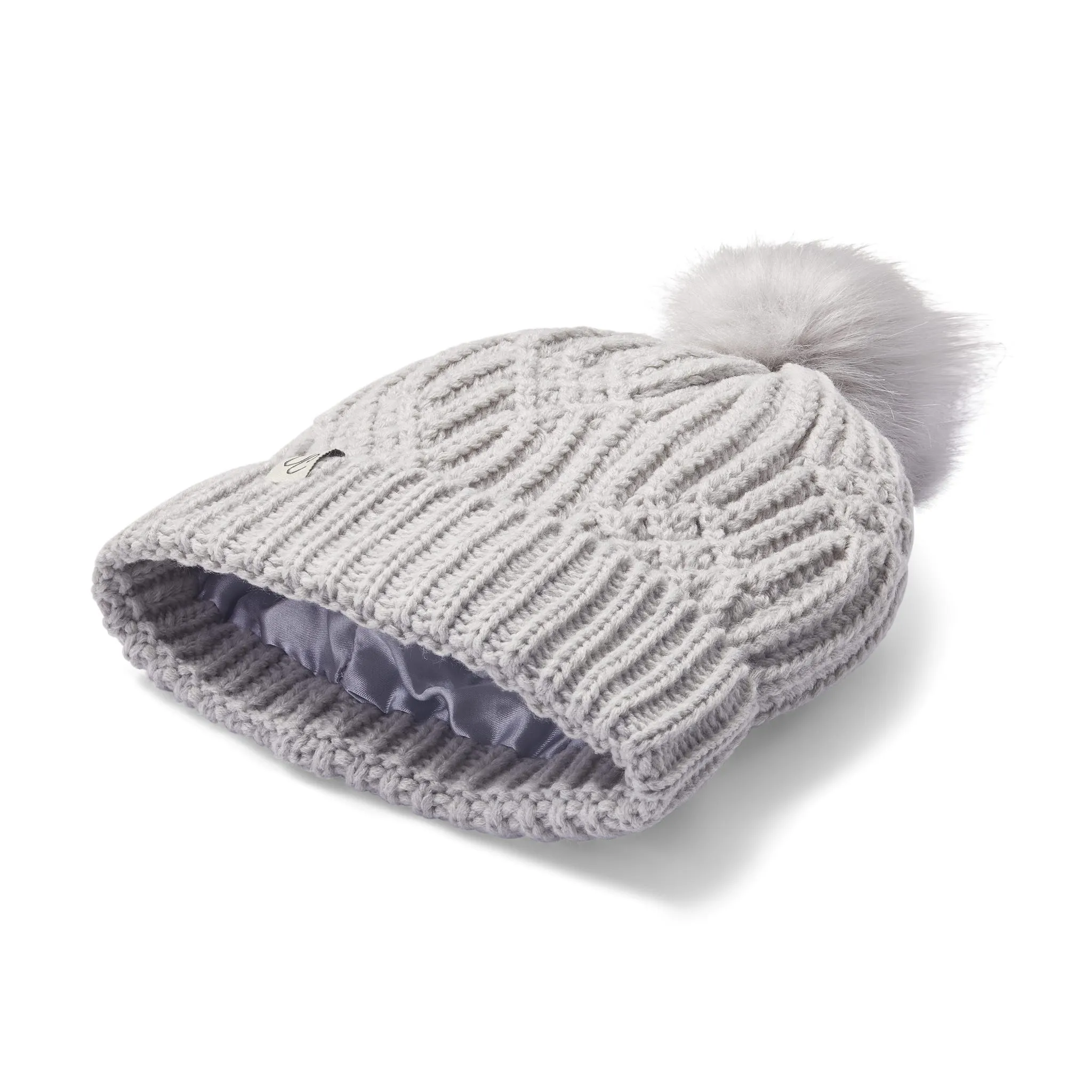 Only Curls Satin Lined Knitted Beanie Hat - Grey with Pom Pom