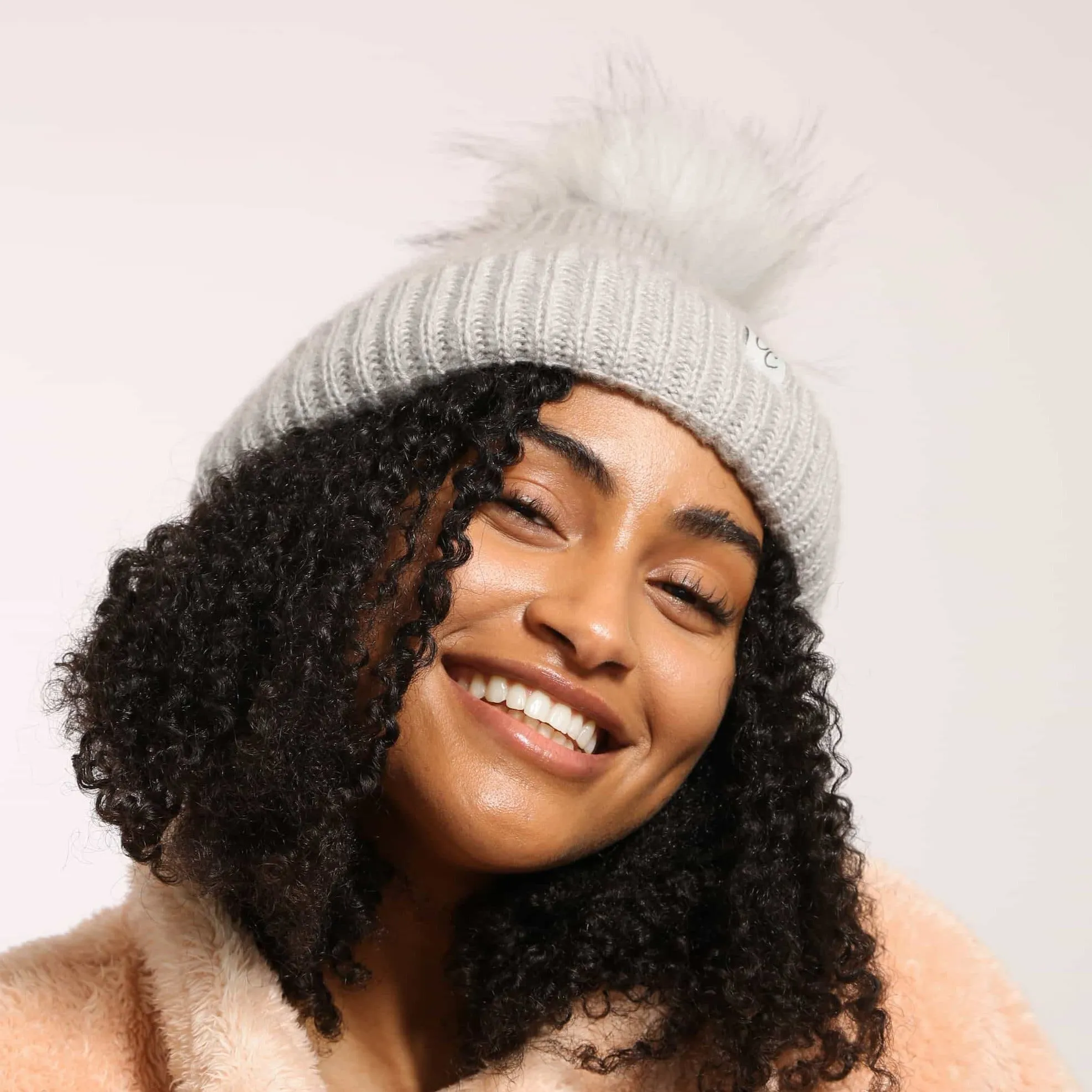 Only Curls Satin Lined Knitted Beanie Hat - Grey with Pom Pom