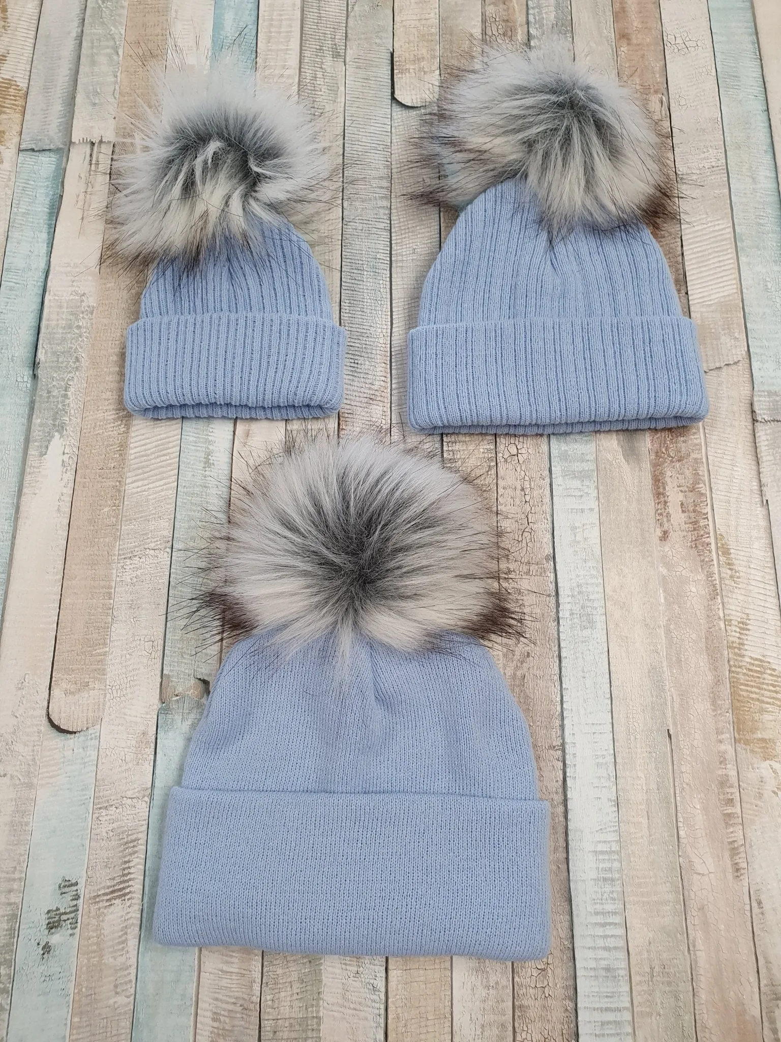 Personalised Baby Blue Knitted Single Grey Fluffy Faux Fur Pom Hat