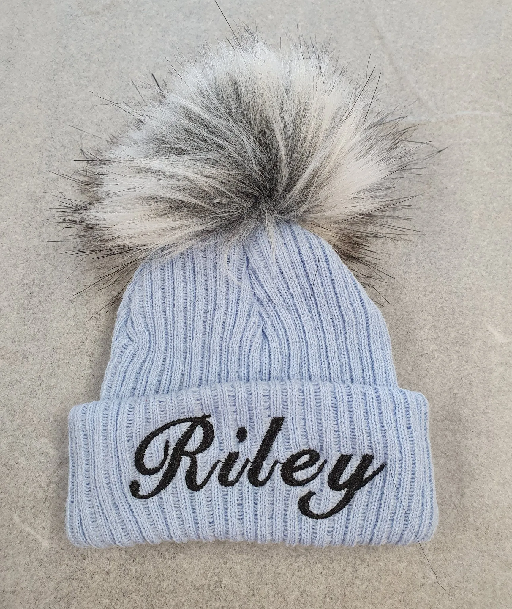 Personalised Baby Blue Knitted Single Grey Fluffy Faux Fur Pom Hat