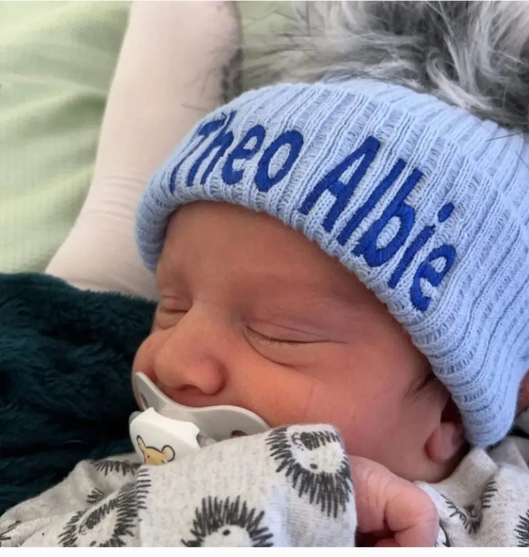 Personalised Baby Blue Knitted Single Grey Fluffy Faux Fur Pom Hat