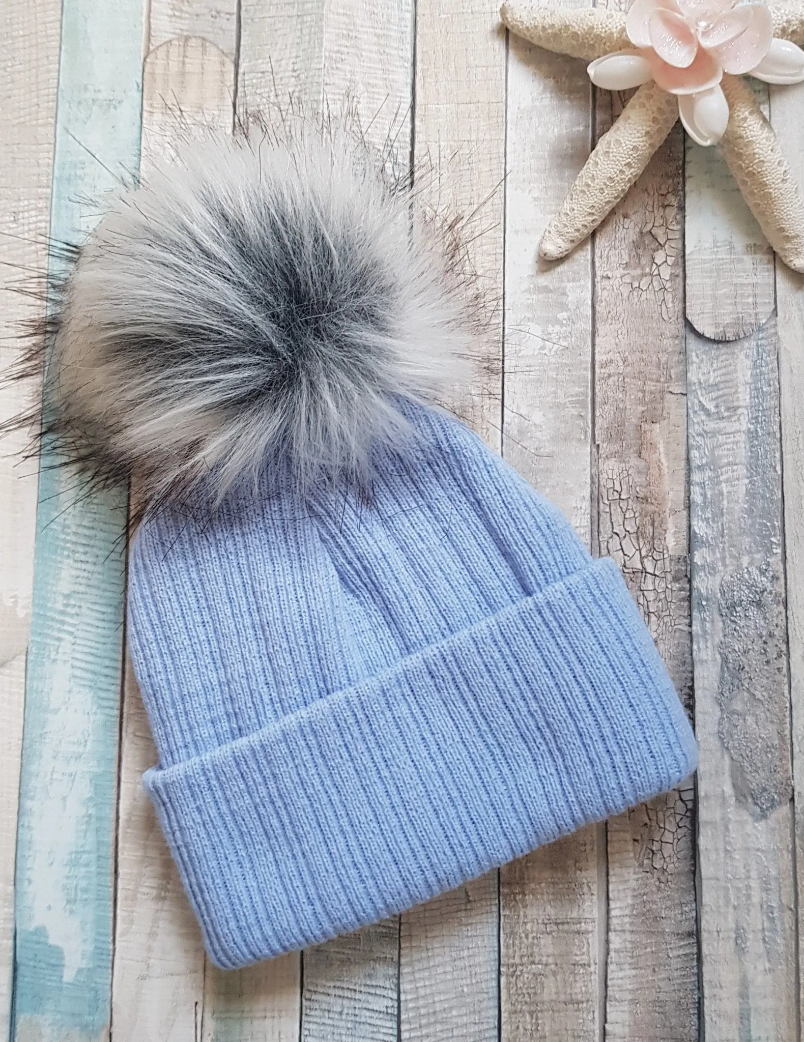 Personalised Baby Blue Knitted Single Grey Fluffy Faux Fur Pom Hat