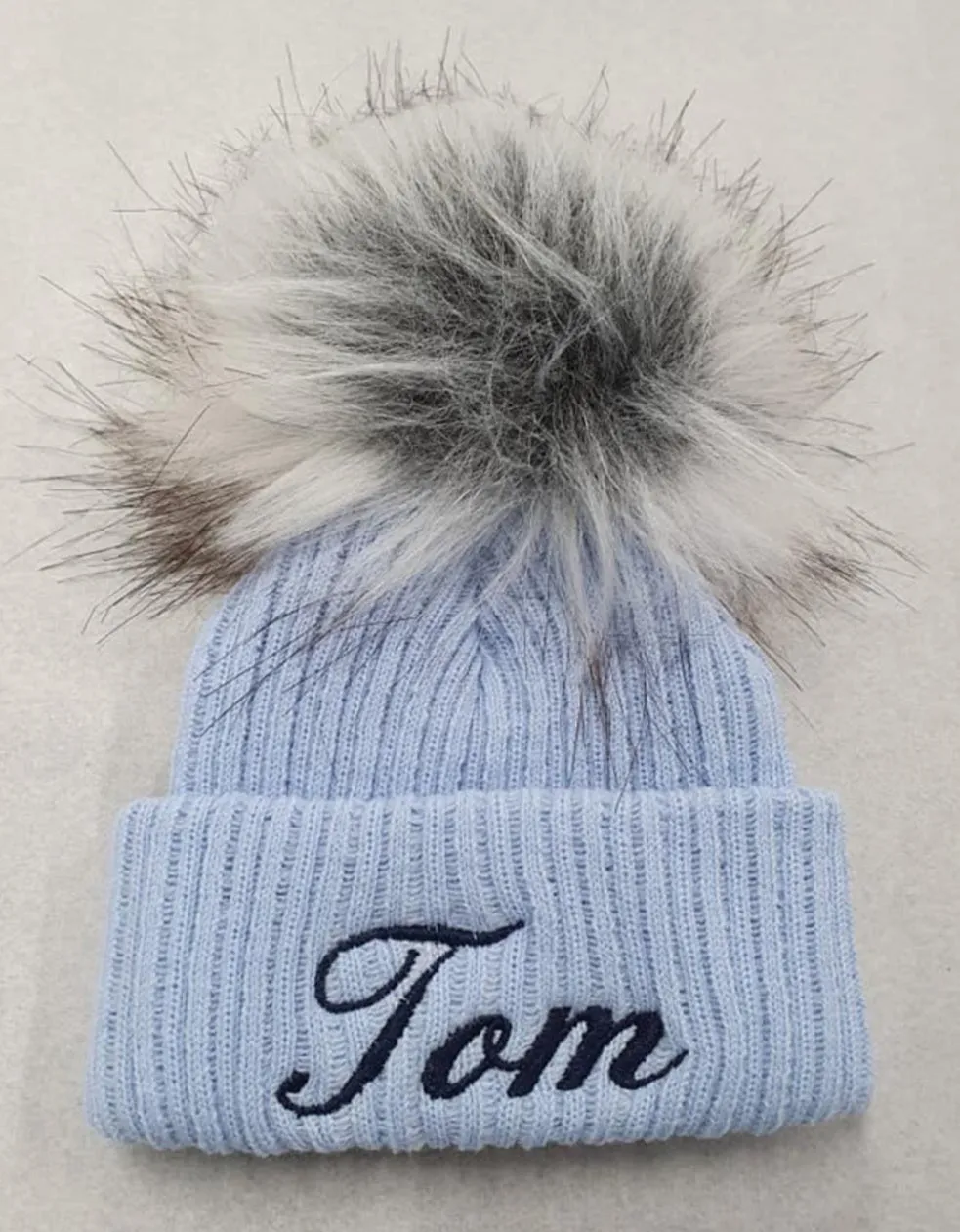 Personalised Baby Blue Knitted Single Grey Fluffy Faux Fur Pom Hat