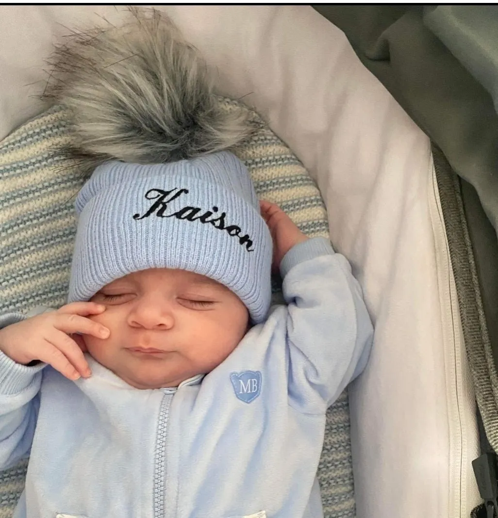 Personalised Baby Blue Knitted Single Grey Fluffy Faux Fur Pom Hat