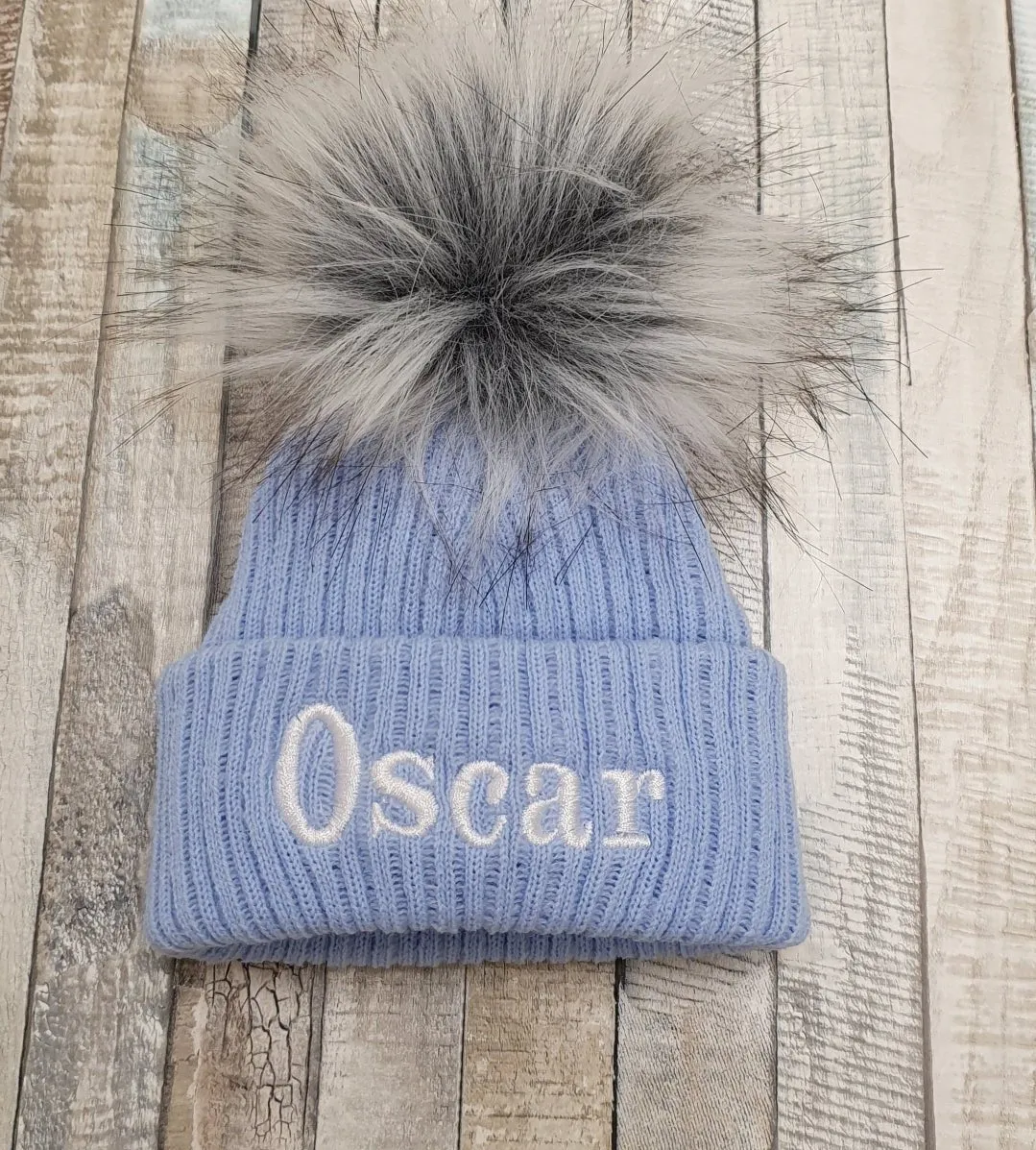 Personalised Baby Blue Knitted Single Grey Fluffy Faux Fur Pom Hat