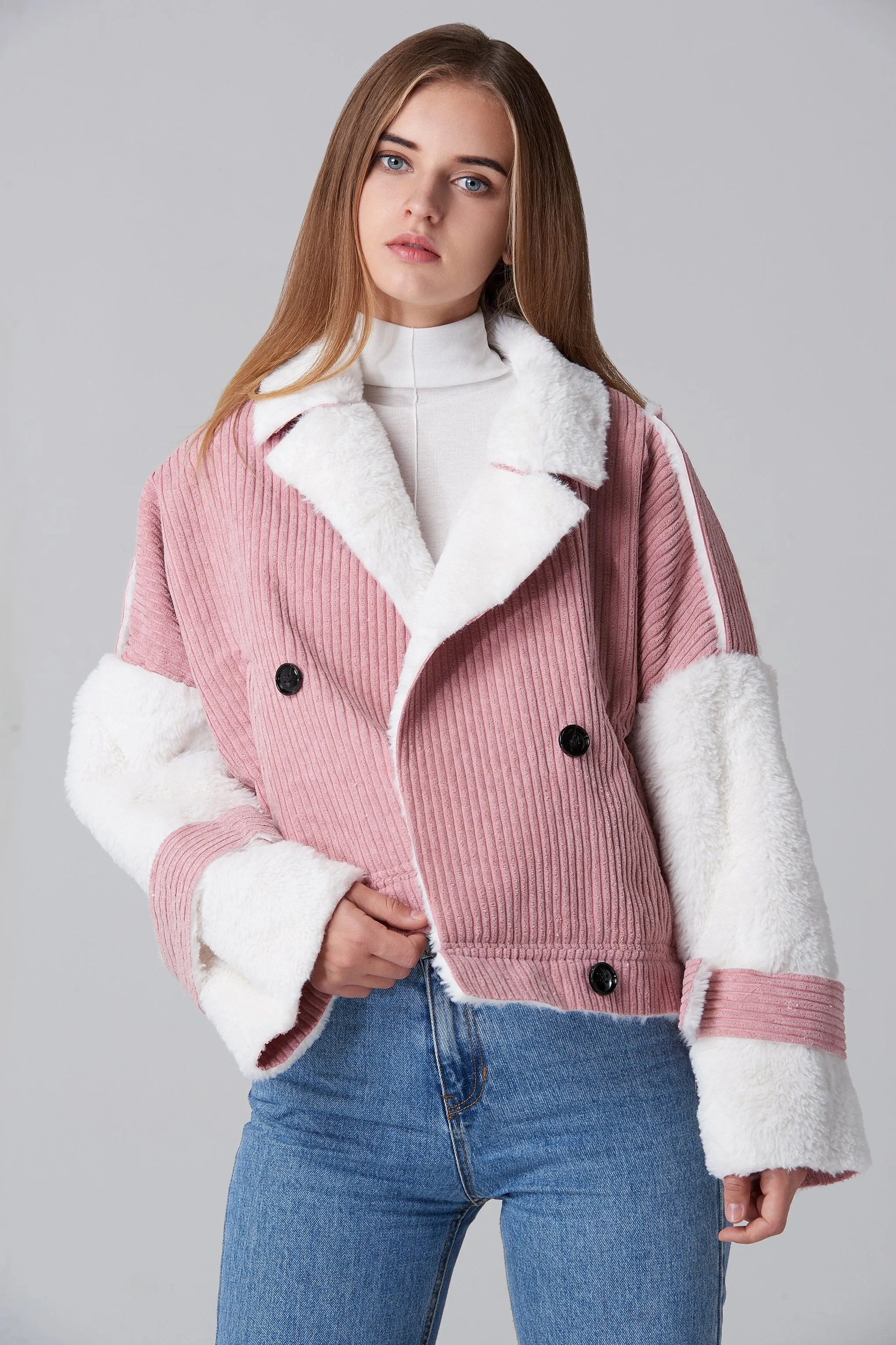 Pink Chord Fur Lining Jacket