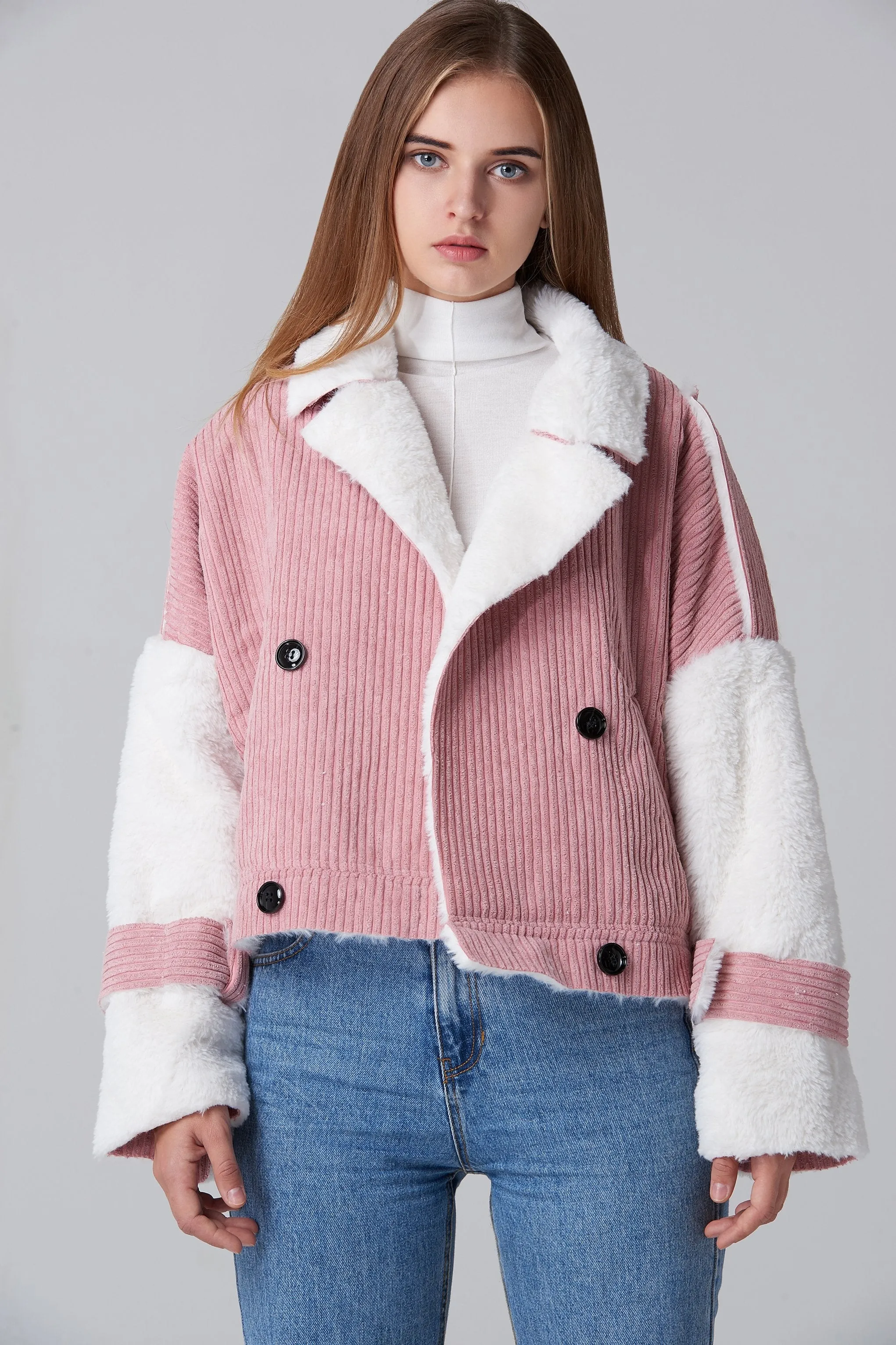 Pink Chord Fur Lining Jacket