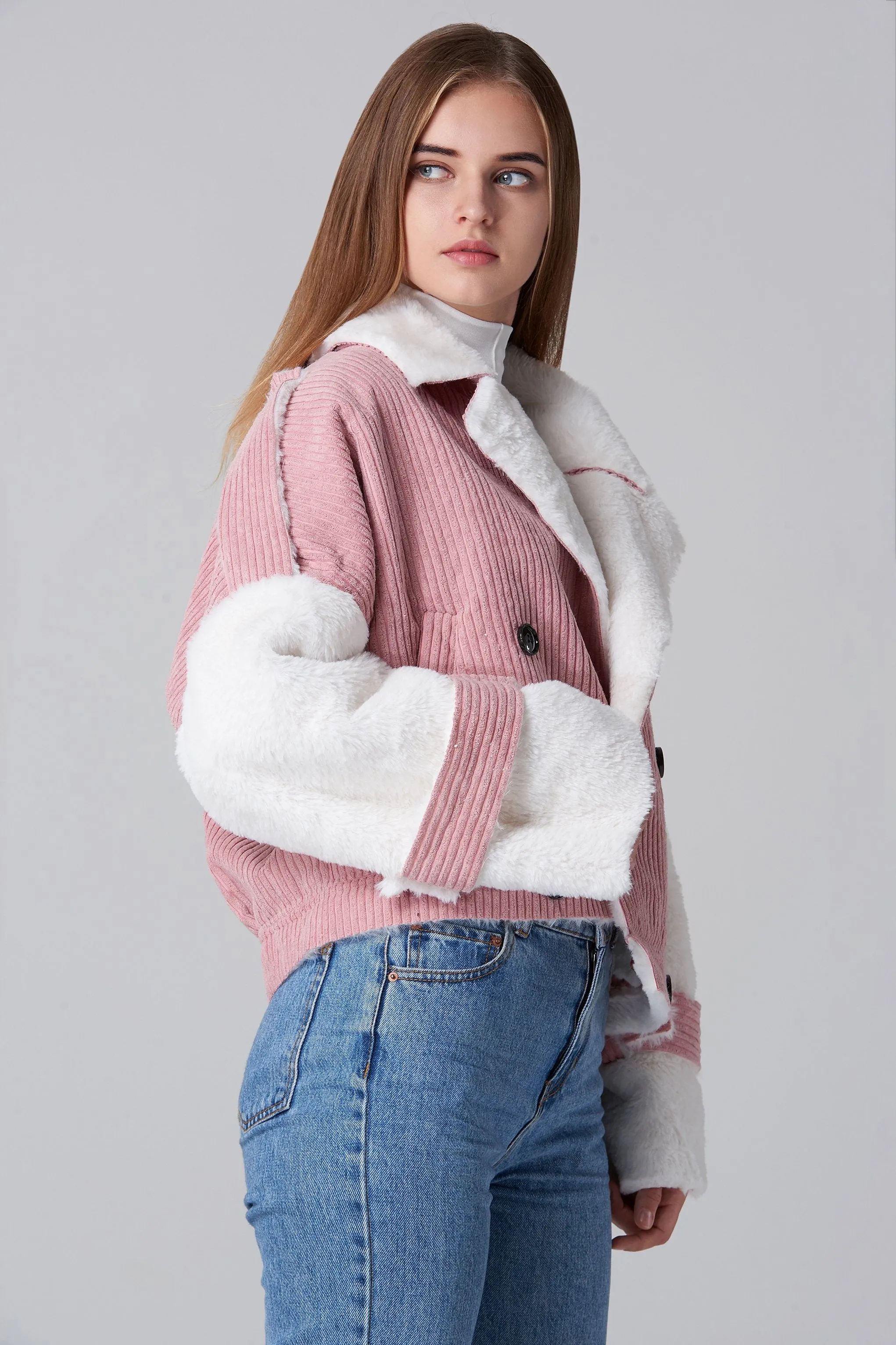 Pink Chord Fur Lining Jacket