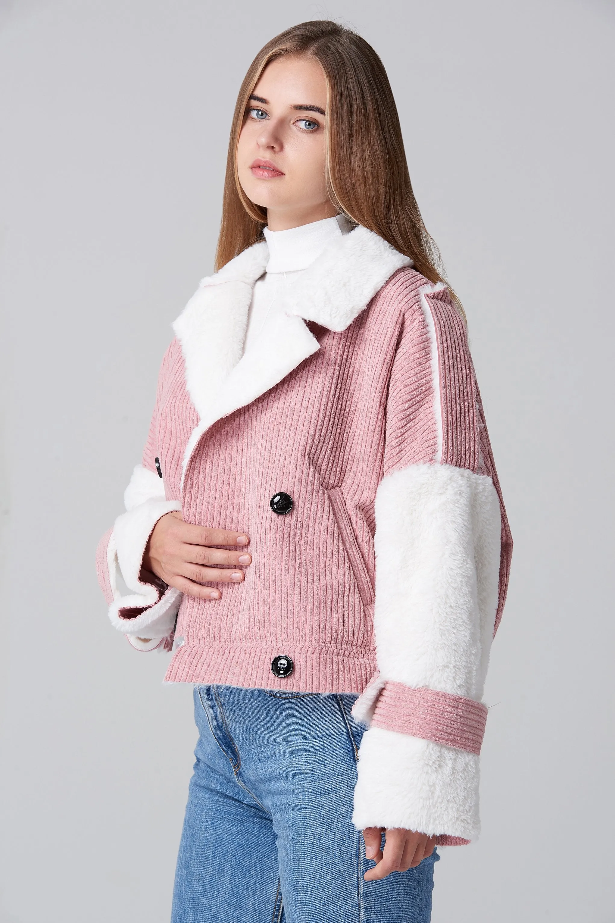 Pink Chord Fur Lining Jacket