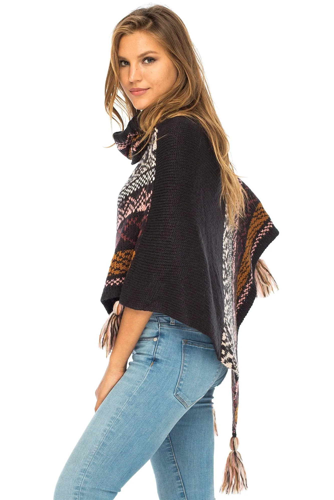 Soft Cowl Neck Poncho with Tassels